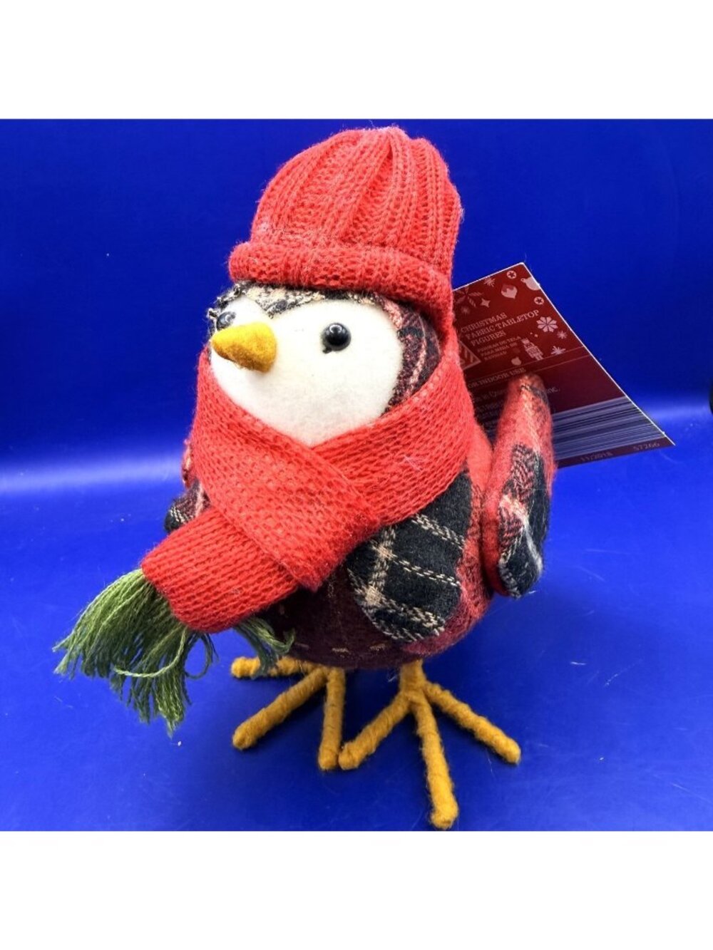 Merry Moments Christmas Fabric Tabletop Bird Red Plaid Knit Scarf Beanie 6" NWT